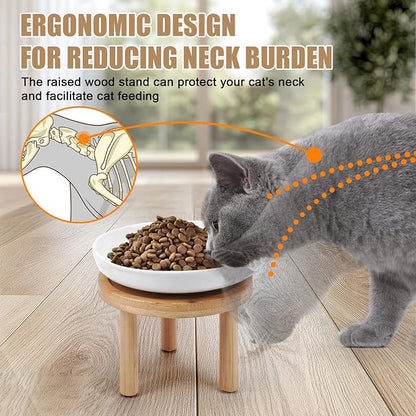Shallow Elevated Cat Bowls with Bamboo Stand, 5.9 Inch Wide Ceramic Cat Dish Whisker Friendly,Pet Food and Water Plates