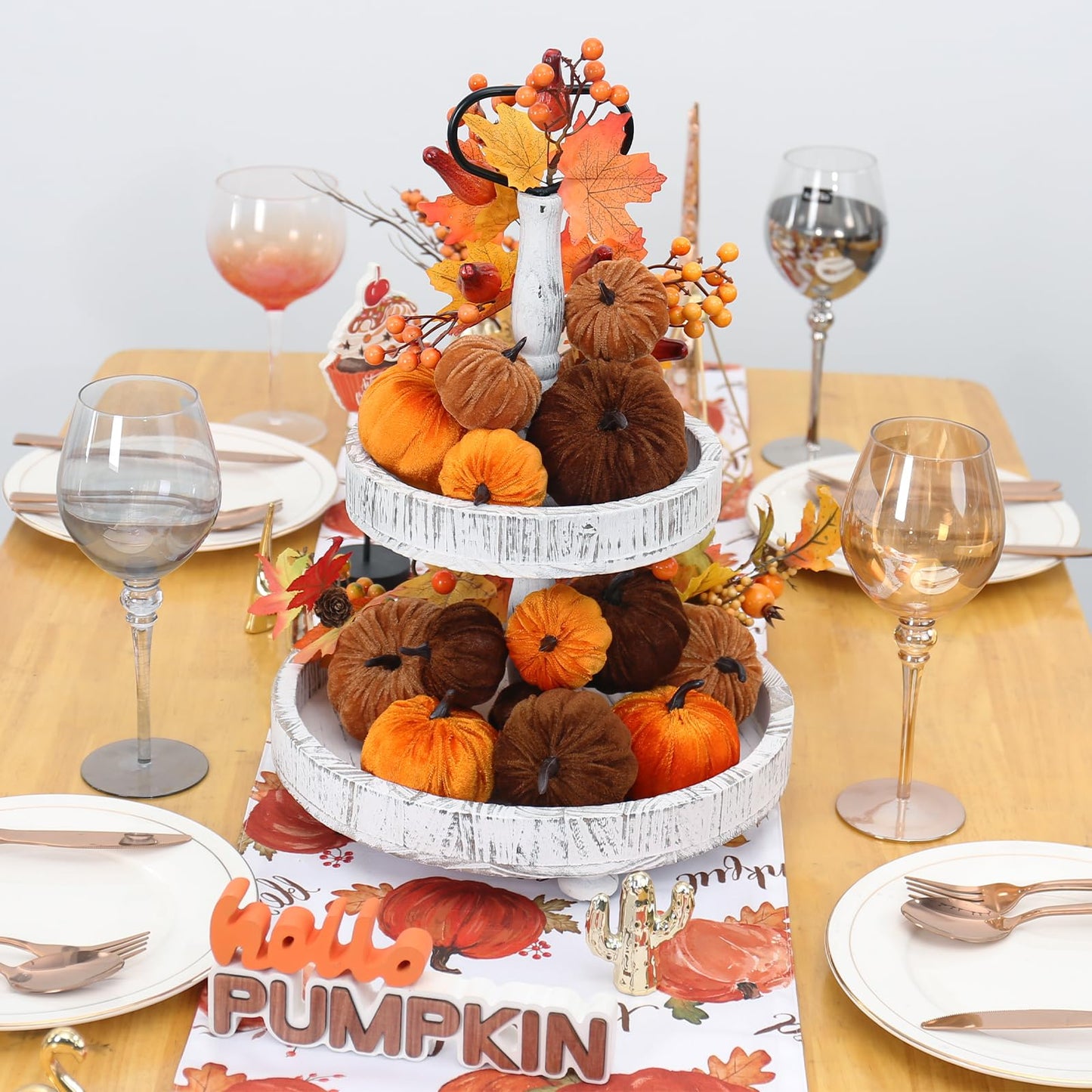 PurpleSwan 17 Pack Fall Artificial Velvet Pumpkins Decorations, Foam Faux Flocked Pumpkin Including Wooden Hello Pumpkins Sign, for Home Autumn Harvest Theme Party Halloween Thanksgiving Table Decor.