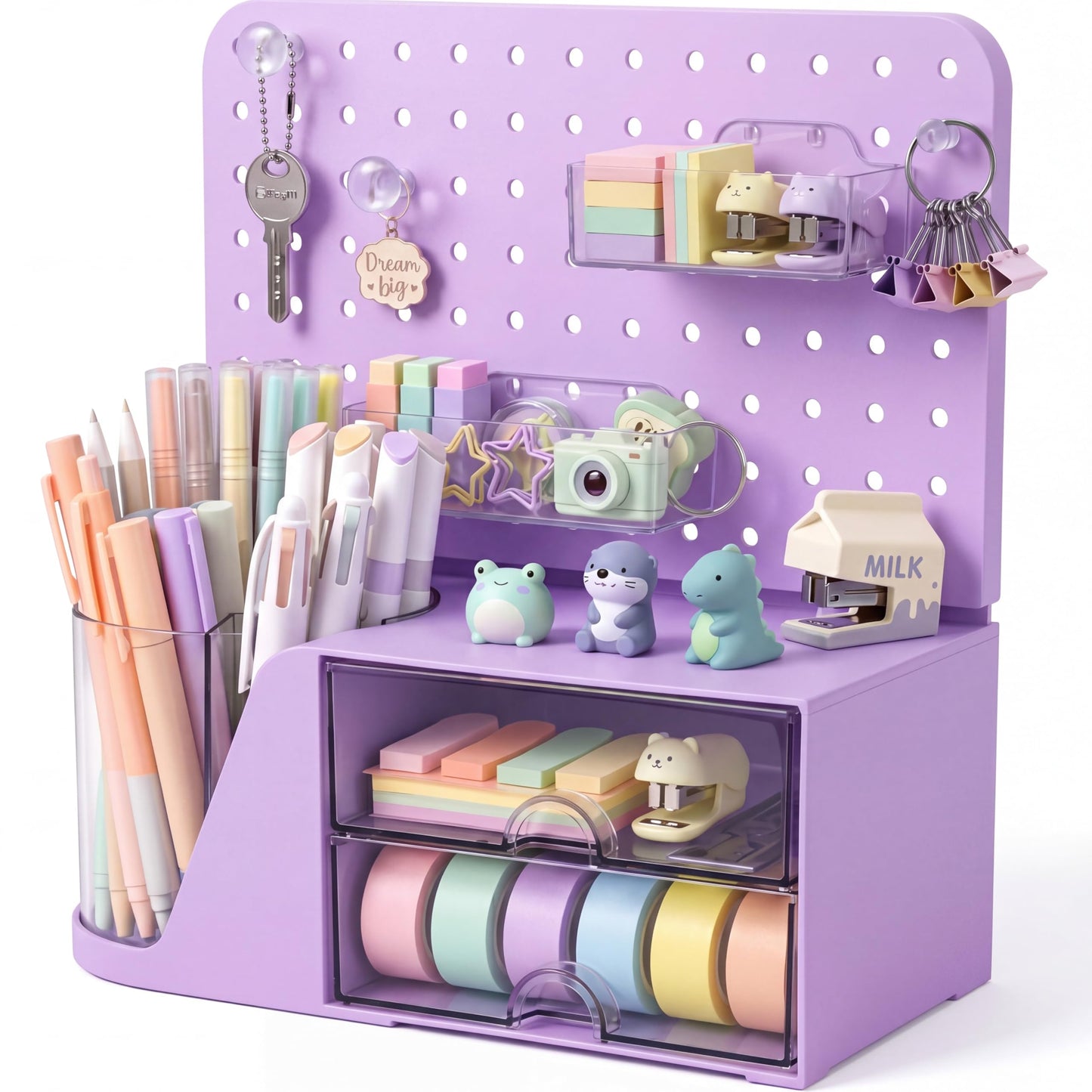 Novabright Desk Organizer with Drawers, Rotating Pen Holder with 5 Slots & Pegboard, Back to School & First Day of School Gifts, Multifunctional Desktop Storage for Desk Home Office Supplies(Purple)