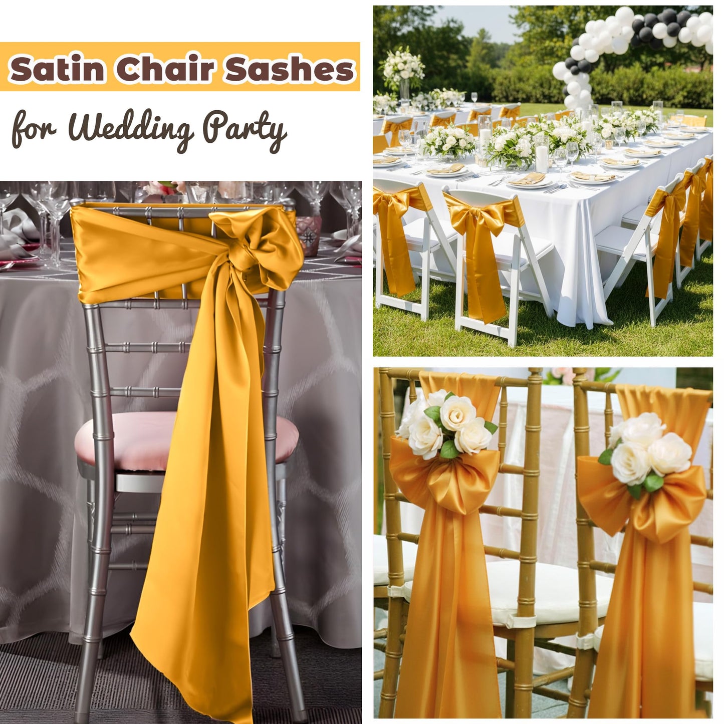 Hodoee 50 PCS Gold Satin Chair Sashes Bows Universal Chair Ribbon Ties Back Sash for Wedding Party Banquets Event Chair Cover Decoration(Gold, 7x108 inch)