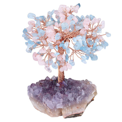 TUMBEELLUWA Natural Crystal Chips Money Tree for Good Luck and Wealth Handmade Stones Figurine Bonsai Tree with Natural Amethyst Cluster Base, Rose Quartz+Aquamarine