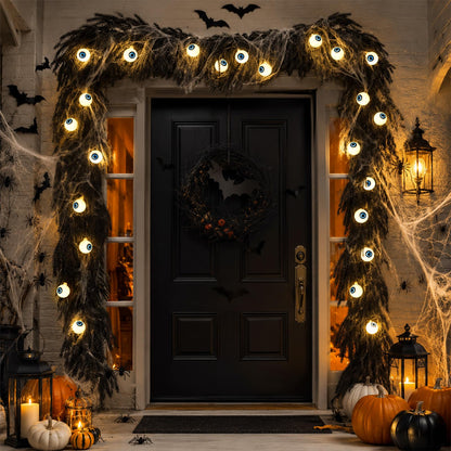 9FT Black Halloween Garland with Eyeball Light String Spider Cotton Spiders