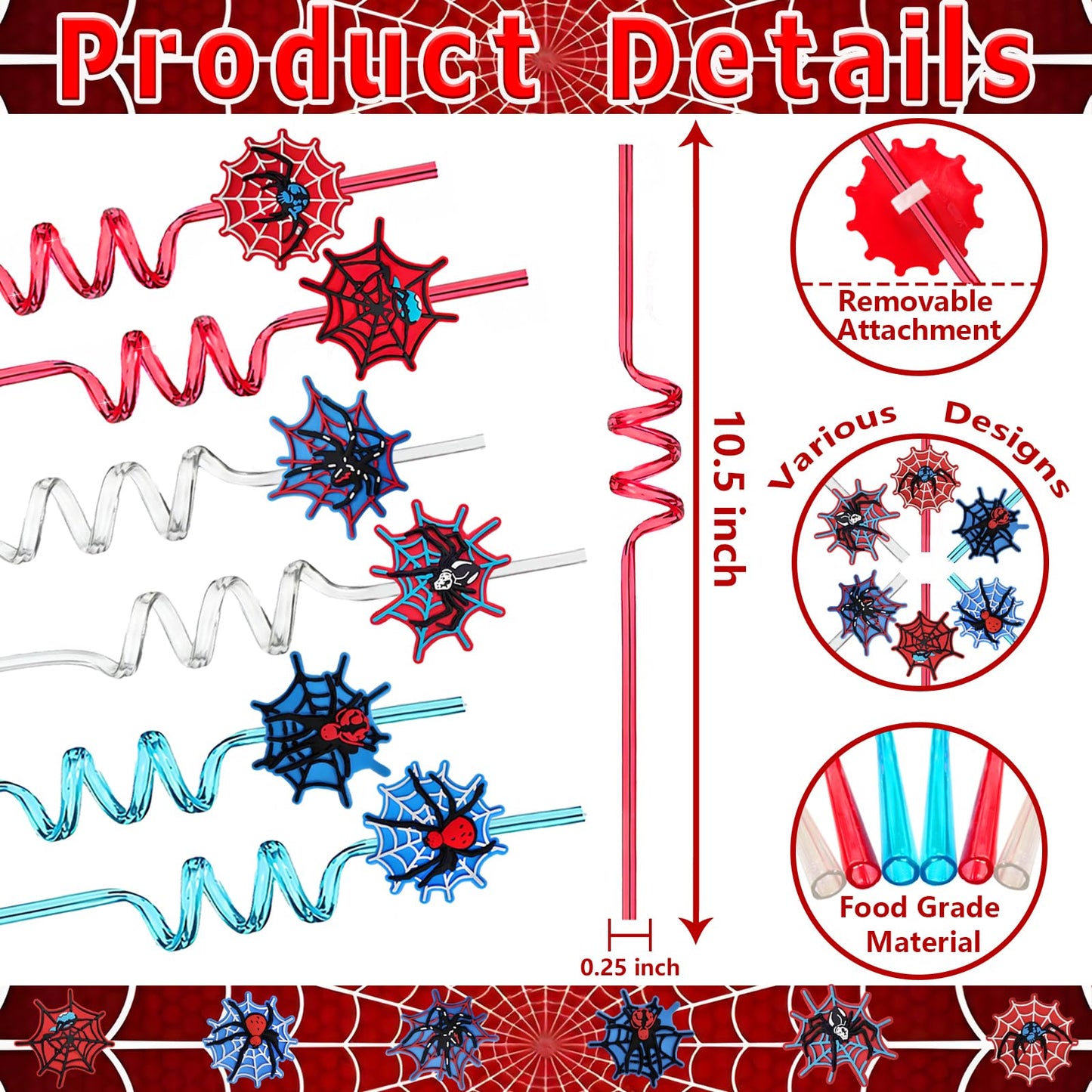 LEDUO 24PCS Spider Web Drinking Straws - Man Party Decorations Gifts Supplies-Reusable Plastic Silly Crazy Straws for Kids Boys Girls Spidery Theme Birthday Party Favors Halloween Goodie Bags Stuffers
