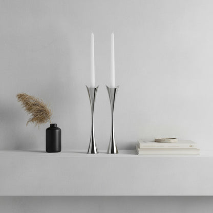 Nambe Curve Candlestick Holders | 2Pc Set | Metal Taper Candle Holder | Modern Medieval Inspired Decorative Centerpieces | Candlestick Holders for Table, Mantel, or Wedding Gift | 11in, Silver