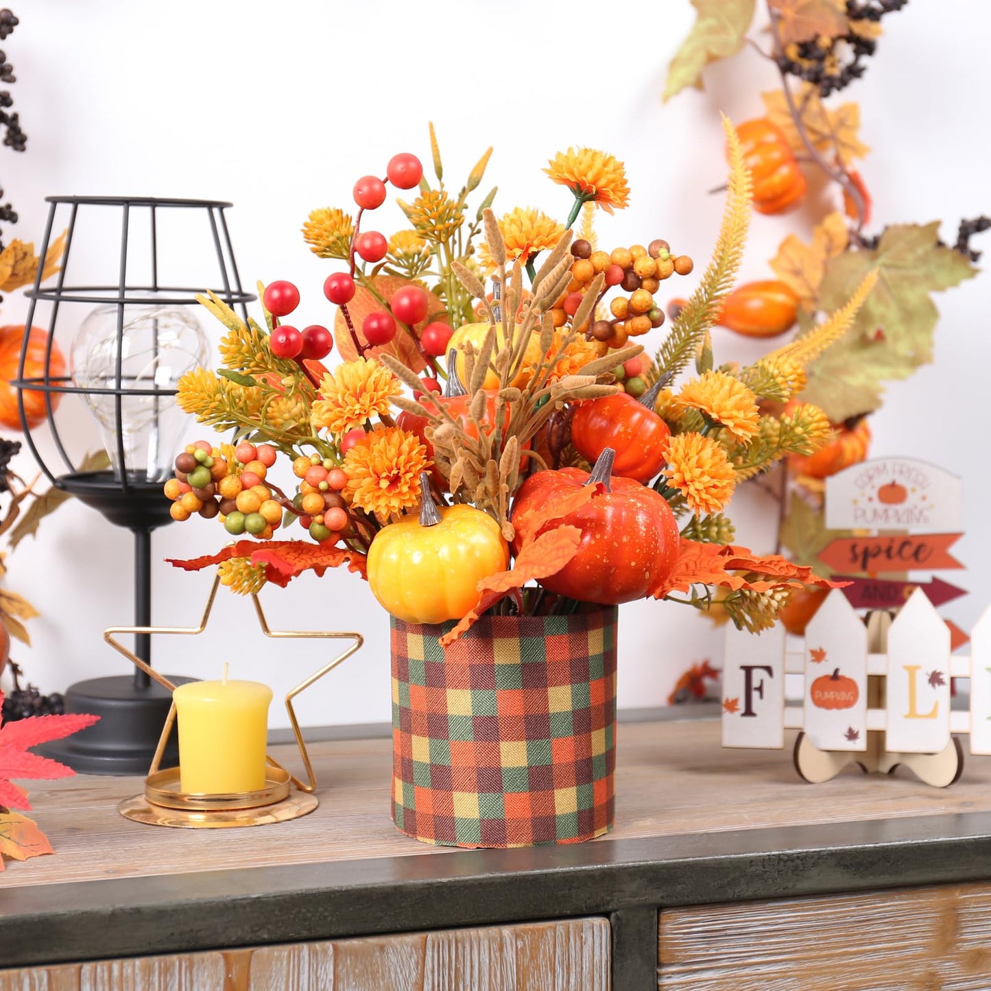 Super Holiday Fall Decor, 12" Artificial Orange Pumpkin Berry Maple Tree Halloween Thanksgiving Table Centerpieces Decorations, for Home Farmhouse Autumn Harvest Holiday Party Decor.