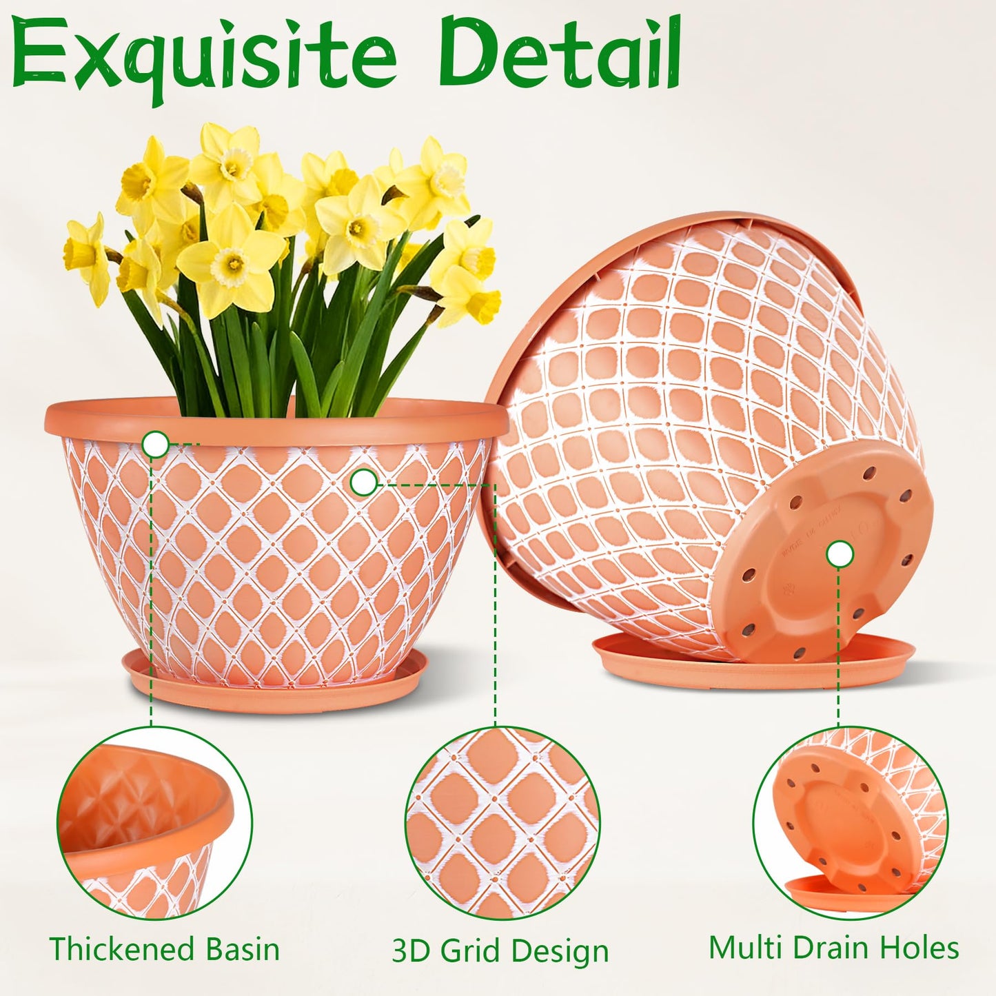 Nooulap 6 Pack 8 Inch Plant Pot, Flower Pots for Indoor Outdoor, Durable Decorative Planters for House Garden Plants Herbs Flowers Succulents, Orange and White Checkered Design