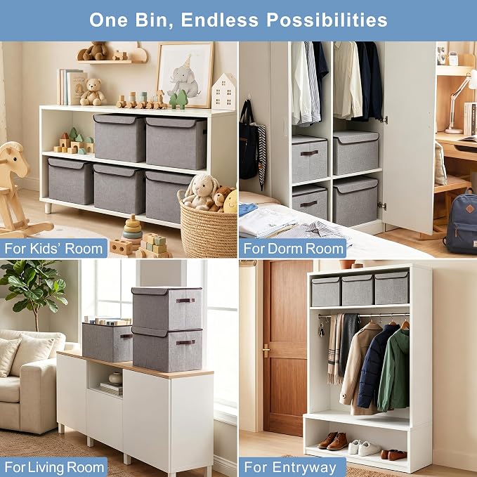 Bagnizer Large 22 Quart Linen Fabric Foldable Storage Bin Cube Organizer Basket with Flip-Top Lid & Handles, Clothes Blanket Box for Home, Office, Closet, Gray, 4 Pack 14.6 x 9.5 x 9.5”