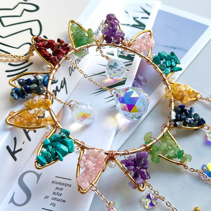 7 Chakra Crystal Sun Catcher Hanging Decor, Rainbow Maker with 3 K9 Crystal Prism Balls & Natural Crystal Stone, Wall and Window Decor Ornament for Home, Bedroom, Balcony, Handmade Gift.