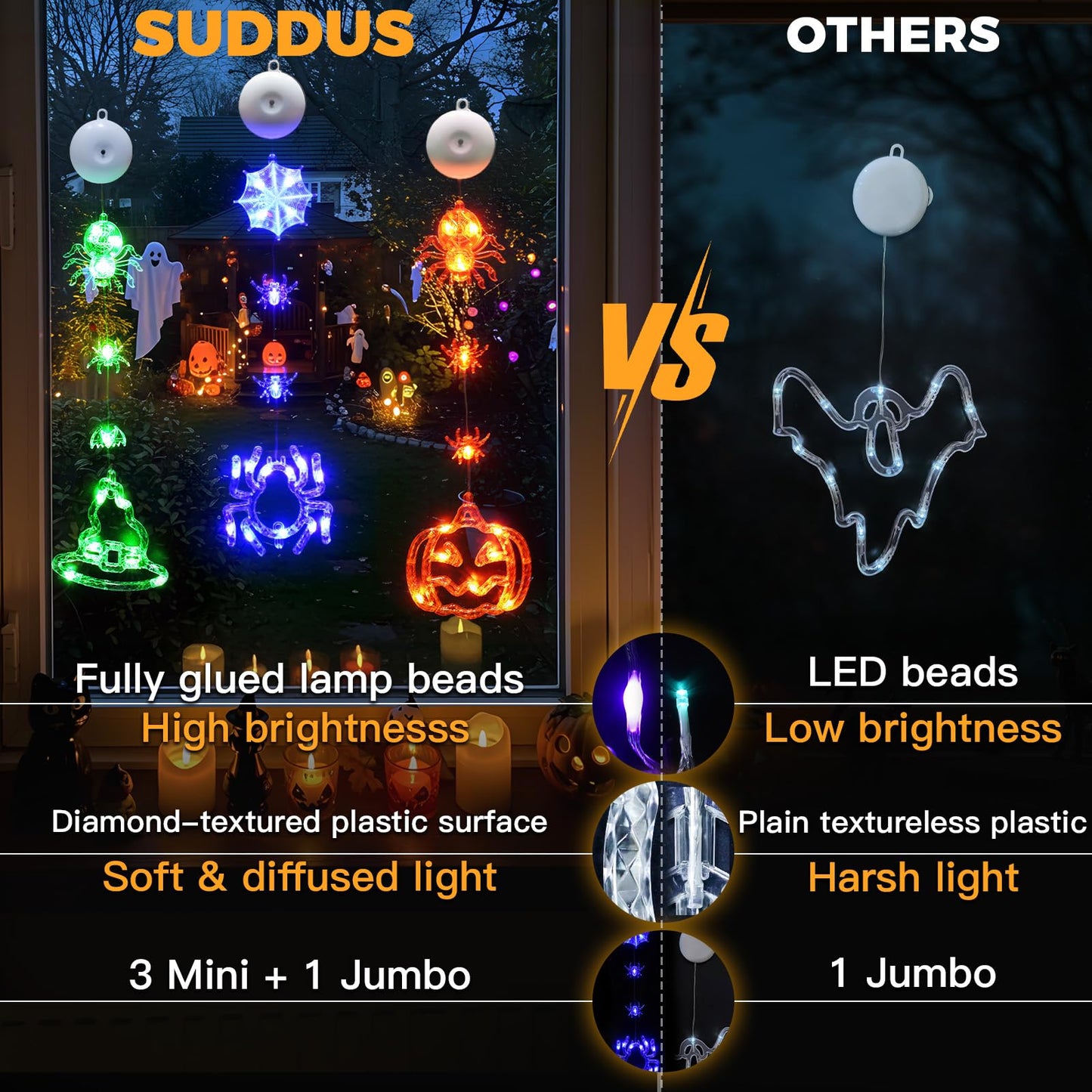 suddus 3 Pack Halloween Lights Battery Operated with Timer, Orange Pumpkin Violet Spider Green Witch Hat Halloween Decor Window Lights with Suction Cup for Home Indoor Party Decorations