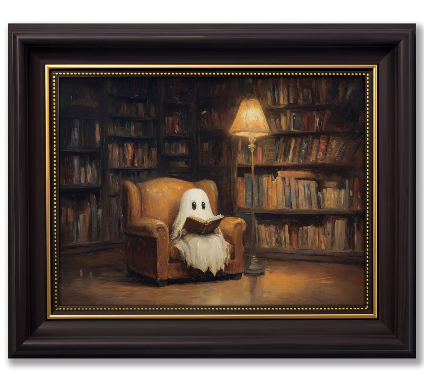 Vbaourut Framed Halloween Ghost Wall Art, Moody Reading Ghost Canvas Painting, Dark Academia Library Poster with Dark Brown Frame and Upgraded Hook and Loop for Study, 9x11 in