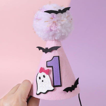 Agkvw Halloween Pink Ghost 1st Birthday Hat with Bats - Spooky One Birthday Crown, Cute Halloween 1st Bday Decoration for Girls, My FirstHalloween Bday Decor
