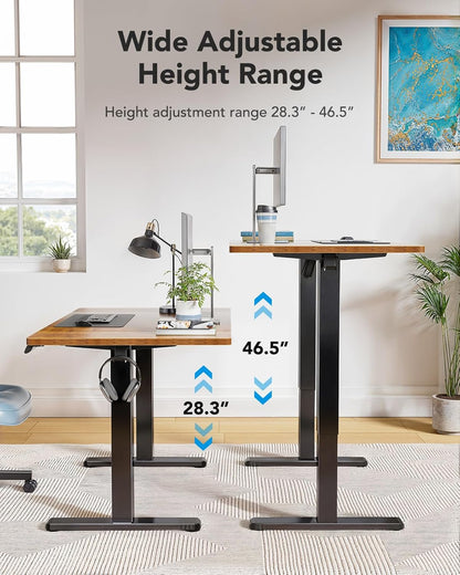 HUANUO 55 x 24 inch Electric Standing Desk, Height Adjustable Table with Headphone Hooks & Cable Manager, Sit to Stand up Desk for Home Office, Vintage Brown