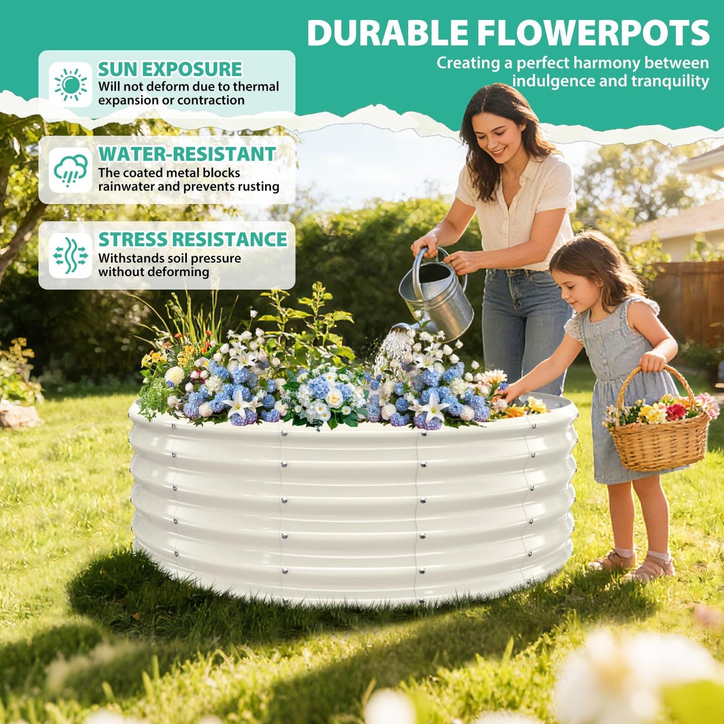 YSEJOMP 17" Tall Round Outdoor Garden Raised Garden Bed Kits-0.8MM Thick Metal Raised Planter Bed/Ground Planter Box for Variety of Flowers,Herbs,Vegetables,Trees (Cream White, 48 Dia X 16.5inches)