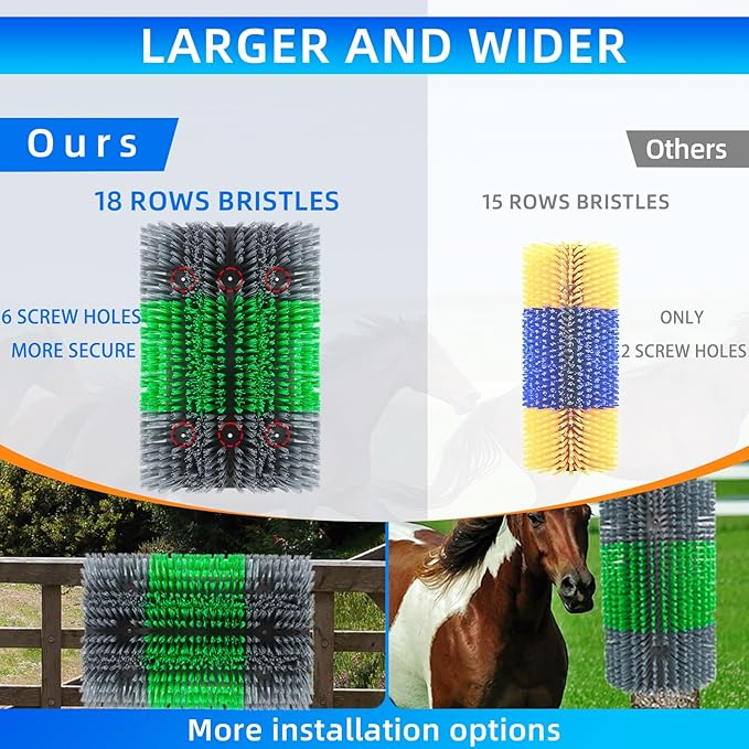 Extra Large Size Livestock Scratching Brush, Upgraded Horse/Goat/Cow/Cattle Scratcher Brush for Grooming, Itch Relief Horse Scratcher Brushes Kit with Two Sets of Mounting Screws(4-Pack,Gray)