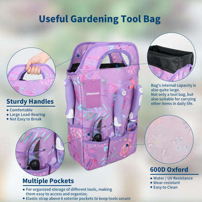 iHansee Purple Garden Tool Sets 10-Piece, Aluminum Alloy Steel Hand Tools w/Non-Slip Ergonomic Handle, Floral Print Garden Supplies Organizer Handbag, Cute Gardening Tools Gift for Women Grandmother