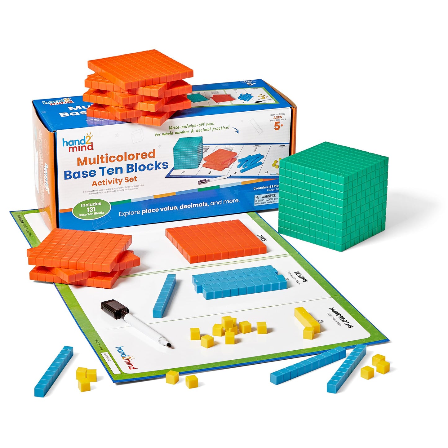 hand2mind Multicolored Base Ten Blocks Activity Set, Place Value Manipulatives, Base 10 Blocks for Math, Counting Cubes, Math Manipulatives 1st Grade, Small Group Classroom Must Haves (133 Pieces)