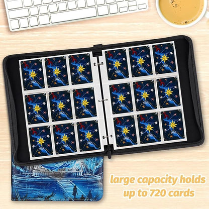 720 Pockets Round Ring Trading Card Binder, 9-Pocket Clear Zipper Card Album with Wrist Strap, Holds 720 Standard TCG Cards Compatible with Sports Baseball Football Game Cards (Blue Print)