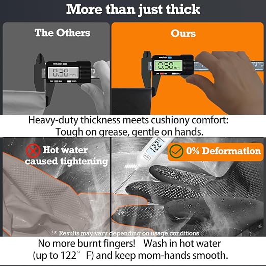 Heavy-Duty Thick Black Rubber Cleaning Gloves, 2 Pairs, XL | Reusable & waterproof black/orange dual layers. Non-slip design for dishwashing, kitchen cleaning, and auto care.