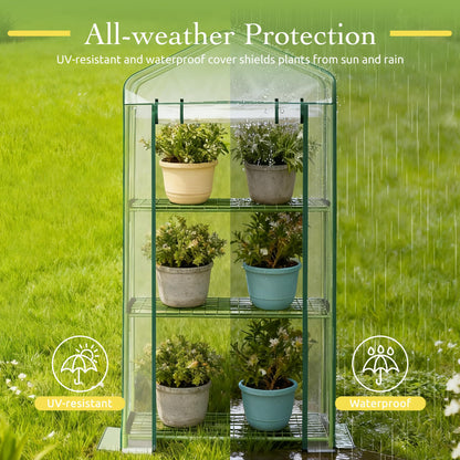 OnlyGarden Mini Greenhouse for Outdoor Indoor, 3 Tier Shelves Small Green House for Winter, Portable Greenhouses with PE-Coated Metal Frame Heavy Duty PVC Cover, Plant Rack Stand House 2.3x1.6x4.2ft