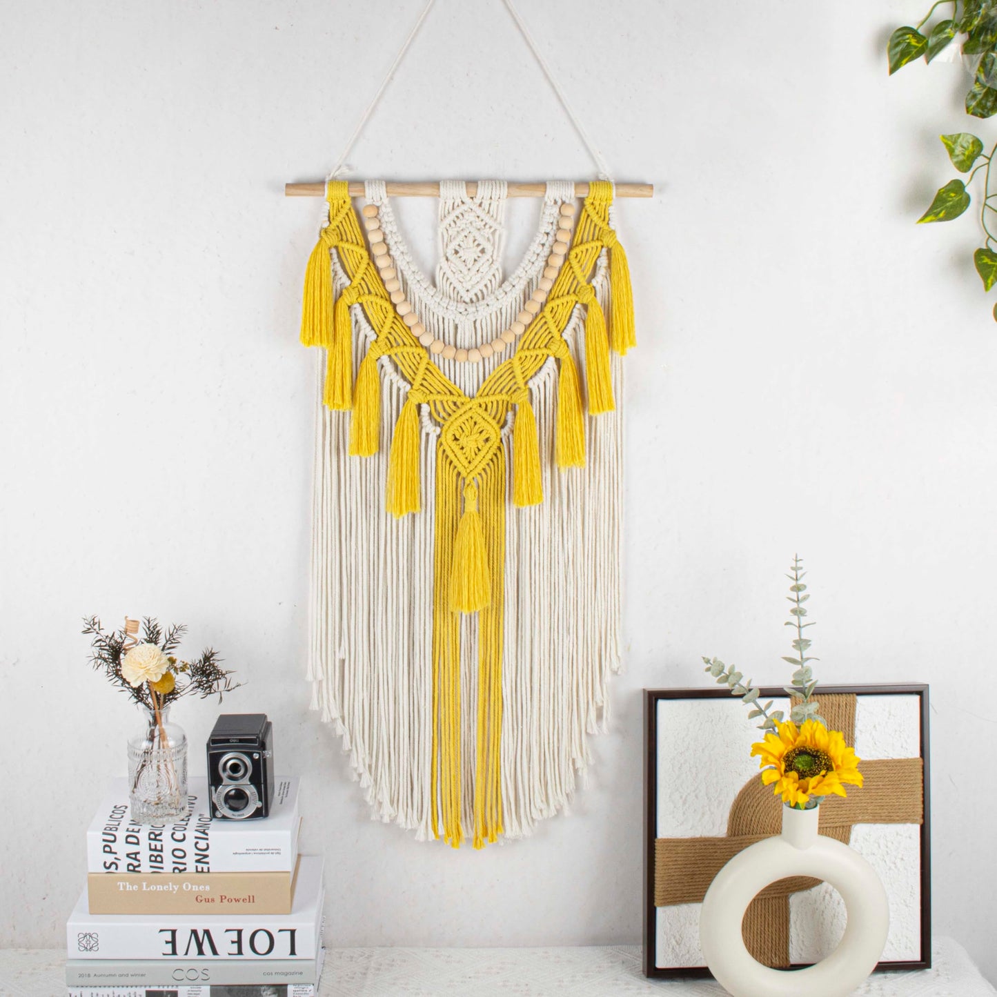 HVEST Yellow Macrame Wall Hanging Boho Wall Decor Handmade Woven Tapestry for Bedroom Living Room Dorm Nursery Bathroom Home Modern Decor Artwork, 29.9L X 15.7W inches