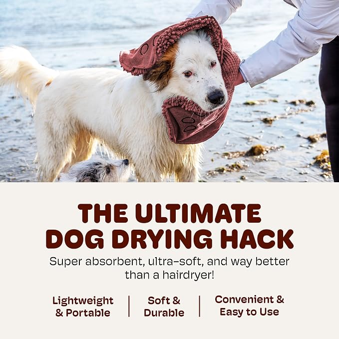 Dog Gone Smart The Dirty Dog Shammy - Fast Drying Plush Shammy Towel with Dual Hand Pockets and Elastic - Super Absorbent Polyamide Microfiber & Machine Washable - Brown, X-Large