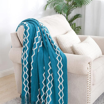 BOURINA Fluffy Chenille Knitted Fringe Throw Blanket Lightweight Soft Cozy for Bed Sofa Chair Throw Blankets, Teal 50" x 60"