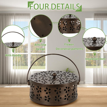 Whiidoom Portable Iron Mosquito Coil Holder with Handle Round Heat-Resistant Incense Holder (Bronze)