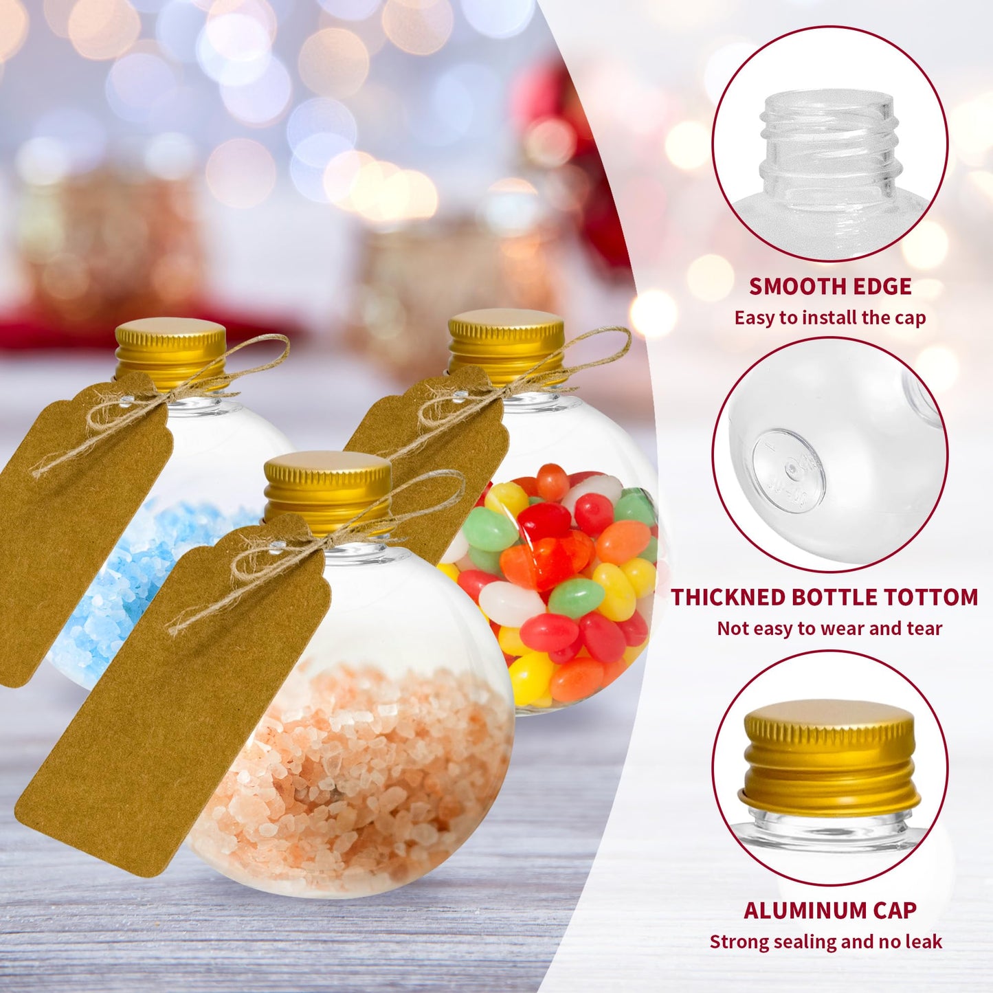 GYMDLN 25 Pieces 6 oz Spherical Plastic Potion Bottles Ball Shape Sand Art Bottles with Funnel Christmas Cocktail Ornament Balls Candy Jar for DIY Wedding Party Crafts Decoration(Gold, Aluminum Cap)