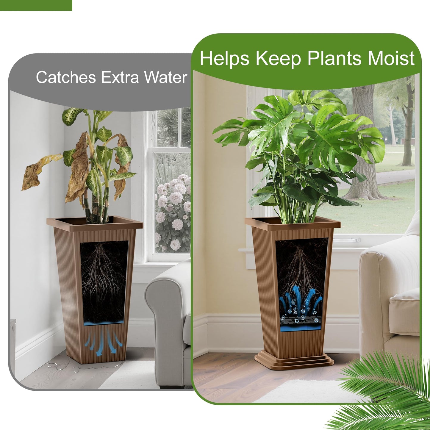 YESUNEED 24-Inch Tall Planters Set of 2 for Outdoor and Indoor Use,Tapered Flower Pots with Drainage Tray, Front Porch and Patio Decor,Ideal for Large Plants (Stripes-Brown)