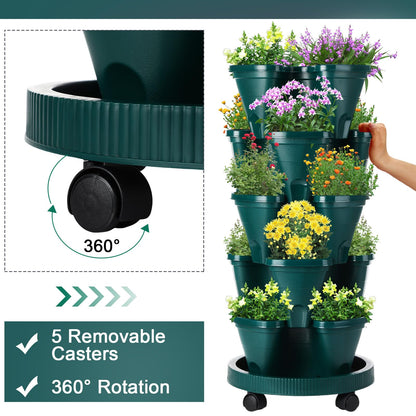 Umigy 2 Set 5 Tier Stackable Planters Vertical Garden Planters for Strawberry Herb Flower and Vegetable Indoor Outdoor Gardening Pots with Removable Wheels and Bottom(Dark Green)