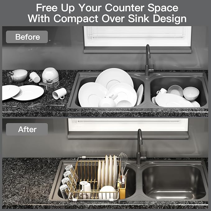 MAJALiS Gold Dish Drying Rack Over Sink with Utensil Holder, Drainboard | Expandable Stainless Steel Dish Drainer for Small Kitchen, Apartment, RV, Counter Space Saving, Perfect Fit, Rustproof