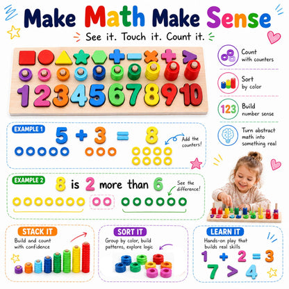 GeroCrew Wooden Montessori Toys for Kids Toddler Number Puzzles Sorter Counting Shape Stacker Stacking Game Preschool Toys for Boy Girl Learning Education Math Blocks Year Old Girl Gifts (Rainbow)