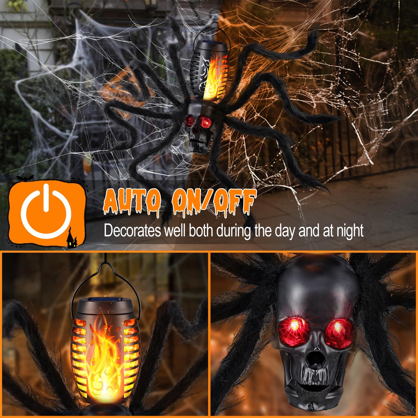 Halloween Skull Flame Lights with 8 Spider Tentacles 2 Pack- Solar Powered Outdoor Lighting Decoration for Halloween Parties, Gardens, and Haunted Displays (Orange, 2 Pack)