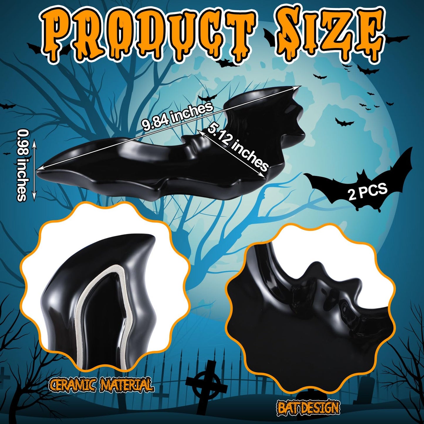 Teenyyou 2 Pcs Ceramic Halloween Plates Black Bat Serving Tray Halloween Bat Desk Dessert Display Platters Trick or Treat Decorations for Indoor Outdoor Home Birthday Party Gift Supplies