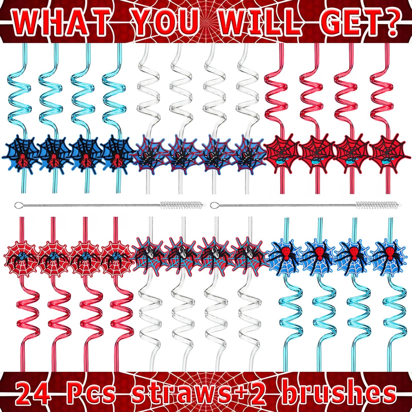 LEDUO 24PCS Spider Web Drinking Straws - Man Party Decorations Gifts Supplies-Reusable Plastic Silly Crazy Straws for Kids Boys Girls Spidery Theme Birthday Party Favors Halloween Goodie Bags Stuffers