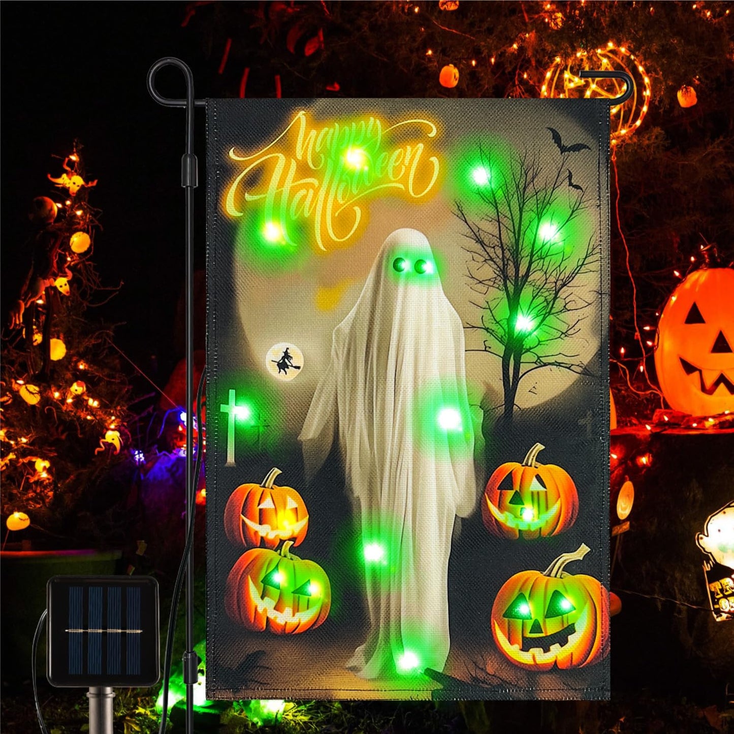 Vigor Home Solar Happy Halloween Lighted Garden Flag Double Sided 12×18 Inch, 8 Modes Led Small Vertical Ghost Pumpkins Spooky Night Yard Flags for Outside Front Porch Lawn Outdoor Decor