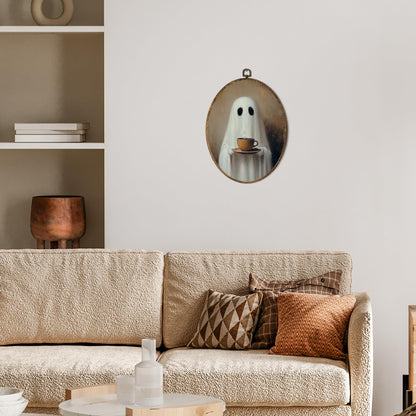 OINDADE Halloween Ghost Coffee Oval Wall Art Decor, Fall Spooky Coffee Ghost Wall Art Hanging Decor, Halloween Fall CoffeeLovers Framed Canvas Artwork for Kitchen Living Room Home, 8.8x11.5in