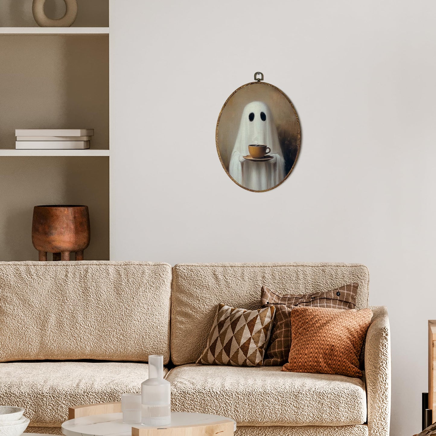 OINDADE Halloween Ghost Coffee Oval Wall Art Decor, Fall Spooky Coffee Ghost Wall Art Hanging Decor, Halloween Fall CoffeeLovers Framed Canvas Artwork for Kitchen Living Room Home, 8.8x11.5in