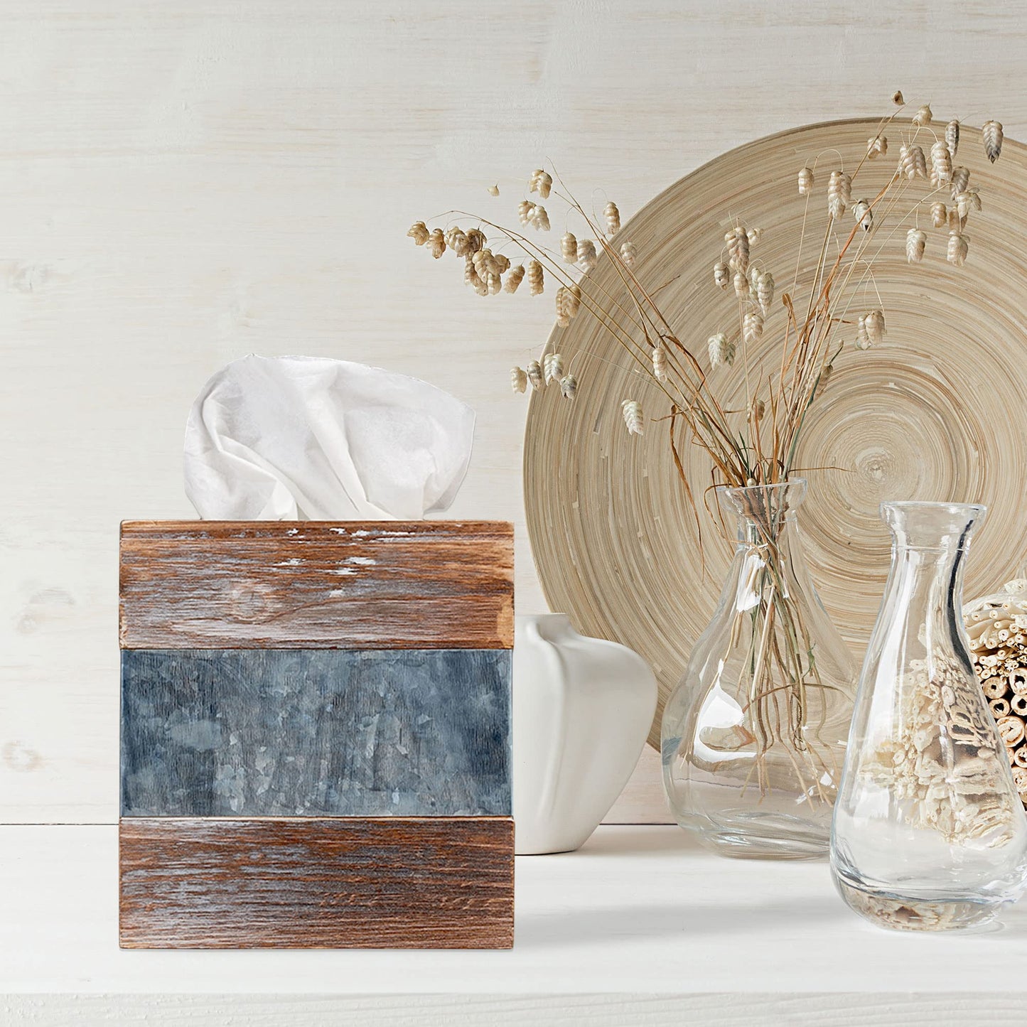 Barnyard Designs Rustic Metal and Distressed Wood Square Tissue Box Cover - Decorative Bathroom Facial Tissue Box Holder Farmhouse Country Decor 6” x 6”