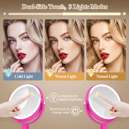 Makeup Mirror with Lights, Double Sided 1x/20x Magnifying Mirror with Light, Rechargeable 3 Color Lights and Adjustable Brightness, 360° Rotation Detachable Comes with Tweezer(Black)
