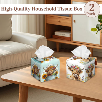 Highland Cow Flowers Square Tissue Box Holder Waterproof Leather Facial Paper Organizer Dispenser for Bathroom Home Kitchen Car Nightstand Vanity Desk，2Pack