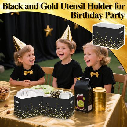 AKAIXI 2PCS Black and Gold Utensil Holder Paper Utensil Caddy for Retirement Party Supplies Cutlery Holder with Handles Black and Gold Party Favors Disposable Cutlery Caddy for Birthday Decorations