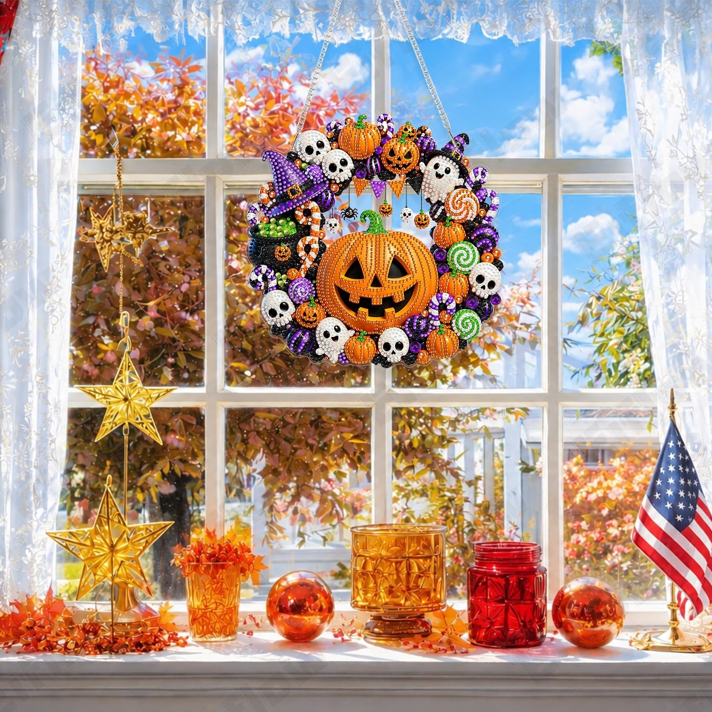 Eiflow Halloween Diamond Art Hanging Kit for Adults, DIY Acrylic Diamonds Craft Painting Hanging Ornament Board Kit, Special Crystal Diamond Art Painting Window Door Hanging Pendant (Pumpkin Wreath)