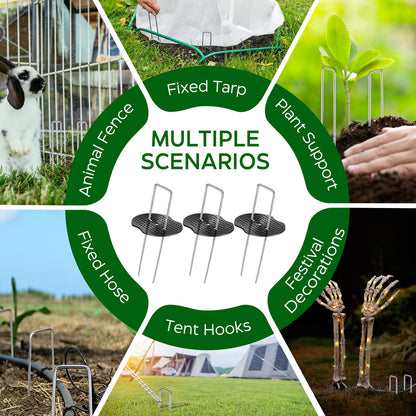 100 Pcs Garden Stakes Landscape Staples Set, 6 Inch 11 Gauge Heavy Duty Galvanized 50 U-Shaped Pins with 50 Gaskets for Weed Barrier Fabric, Grass Sod, Artificial Turf & Yard Landscaping