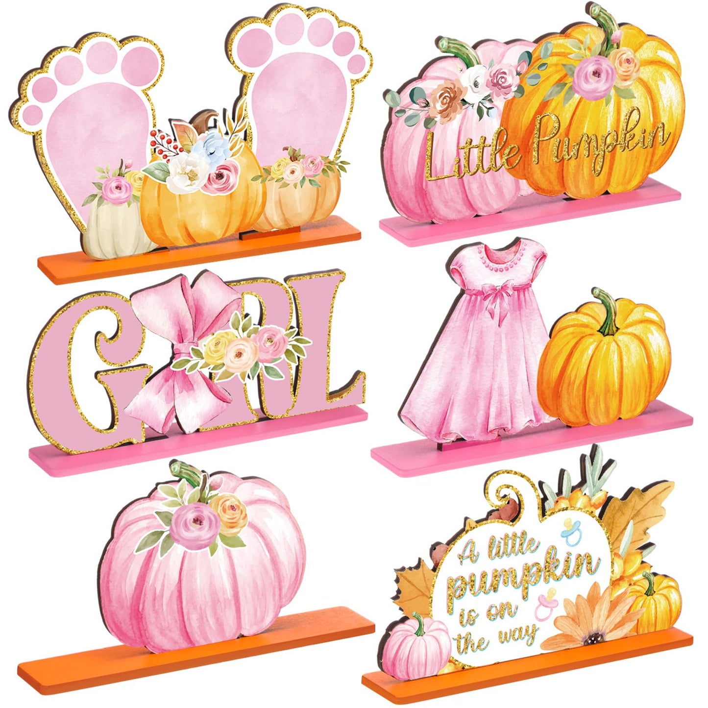 6 Pcs Thanksgiving Fall Little Pumpkin Baby Shower Decoration for Girl Wooden Thanksgiving Baby Shower Table Centerpieces a Little Pumpkin Is on The Way Table Decor Maple Tabletop for Party Supplies