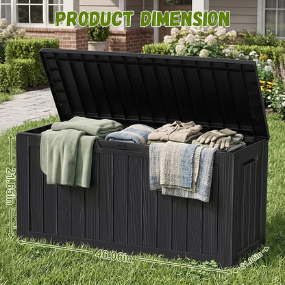 ROJIK 95 Gallon Outdoor Storage Box Waterproof,Weatherproof Deck Boxes Outdoor Lockable,Resin Outside Storage Box for Garden Tools,Cushions,Pool Accessories(Black)