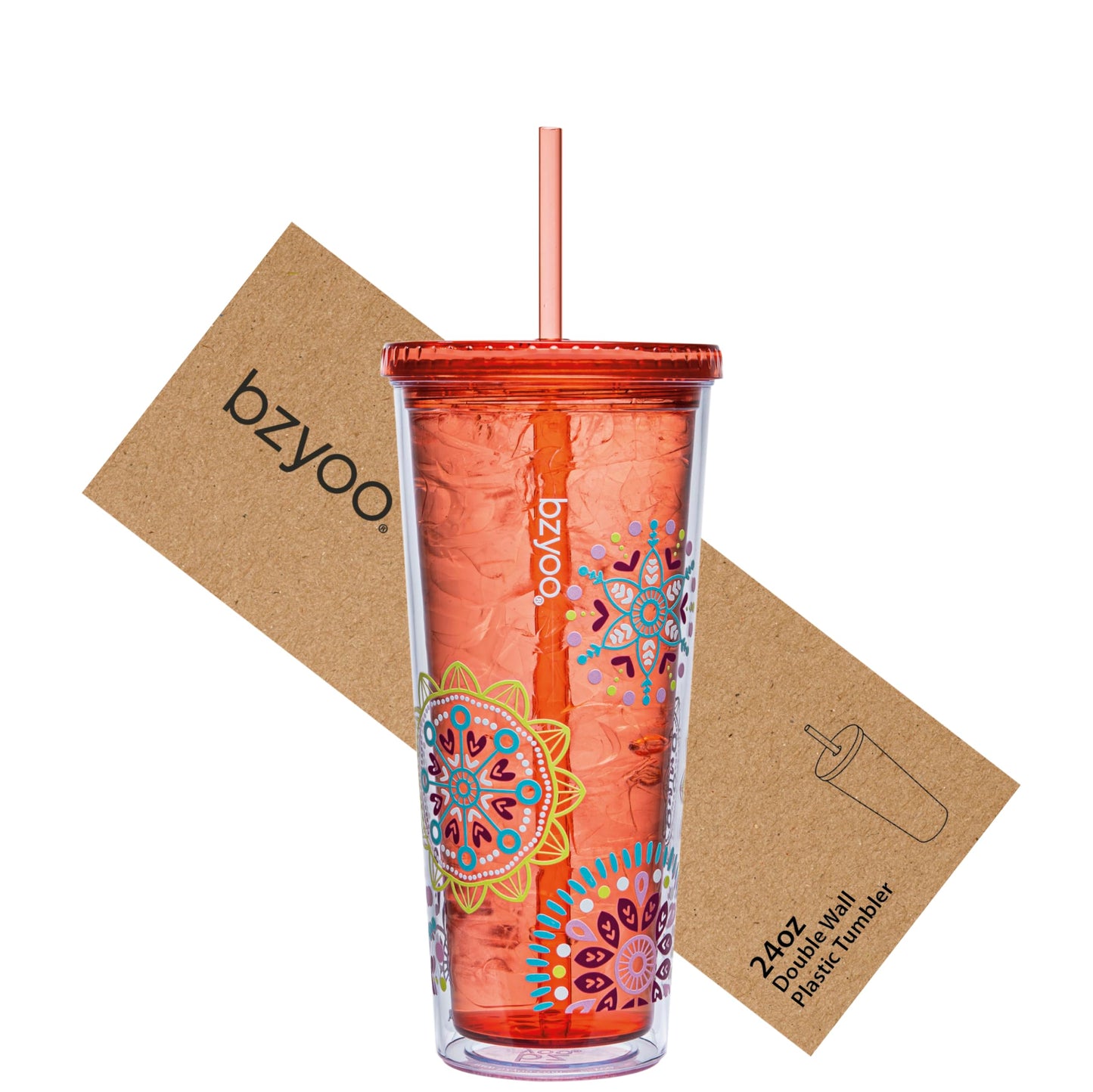 bzyoo SIP 24oz (710ml) Double Wall Plastic Tumbler with Lid and Straw Cold Drink Travel Mug Reusable Party Cup Perfect for Ice Coffee, Tea Office Poolside Parties Gifts Color: Medallion Orange