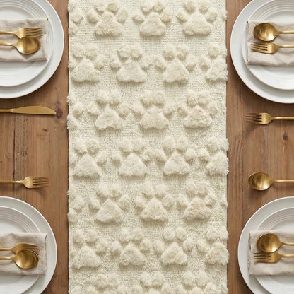 Artoid Mode Beige Soft Plush Faux Fur Jacquard Paws Pet Table Runner, Kitchen Dining Table Decoration for Home Party Decor 13x72 Inch