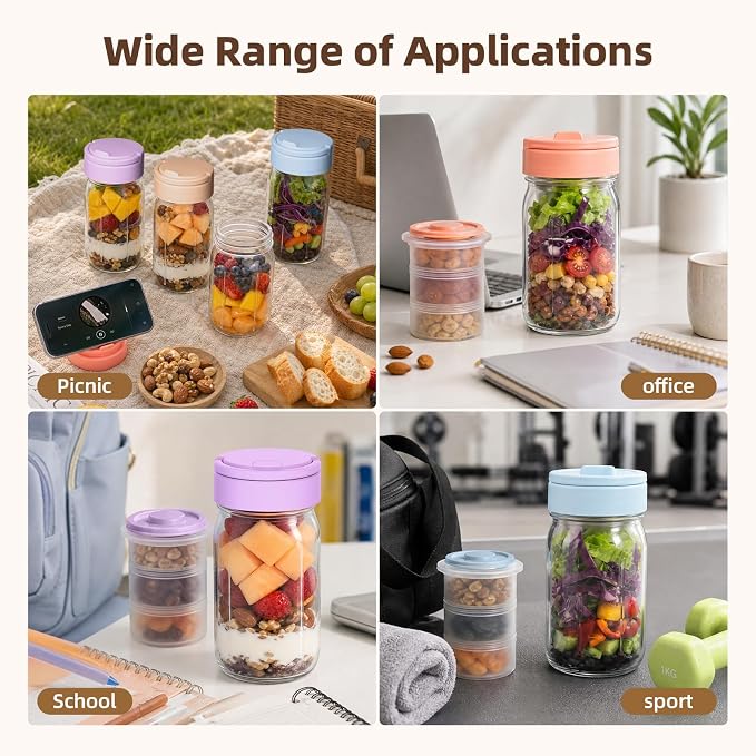 TQRR 32 OZ 4 Pack Overnight Oats Containers with Lids, Glass Storage Jar with Dry and Wet Separation, Leakproof Wide Mouth Mason Jars, Glass Jars with a Handle for Salads,Yogurt (2, Beige & Pink)