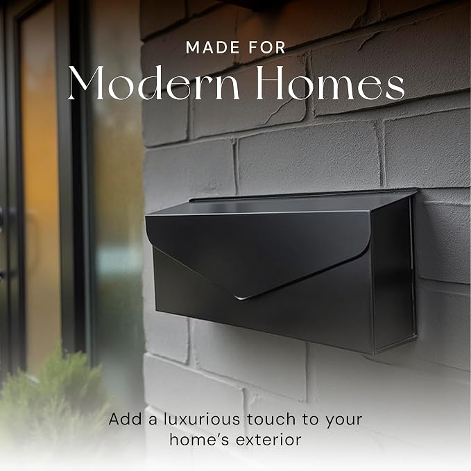NACH Black Envelope Wall Mount Mailbox, Rust Resistant Metal Mailbox, Black Mailbox Wall Mount, Mailboxes for Outside Wall Mount, Outdoor Mailboxes, Wall Mailbox, 14.1 x 3.5 x 6 Inches, MB-6915BLK